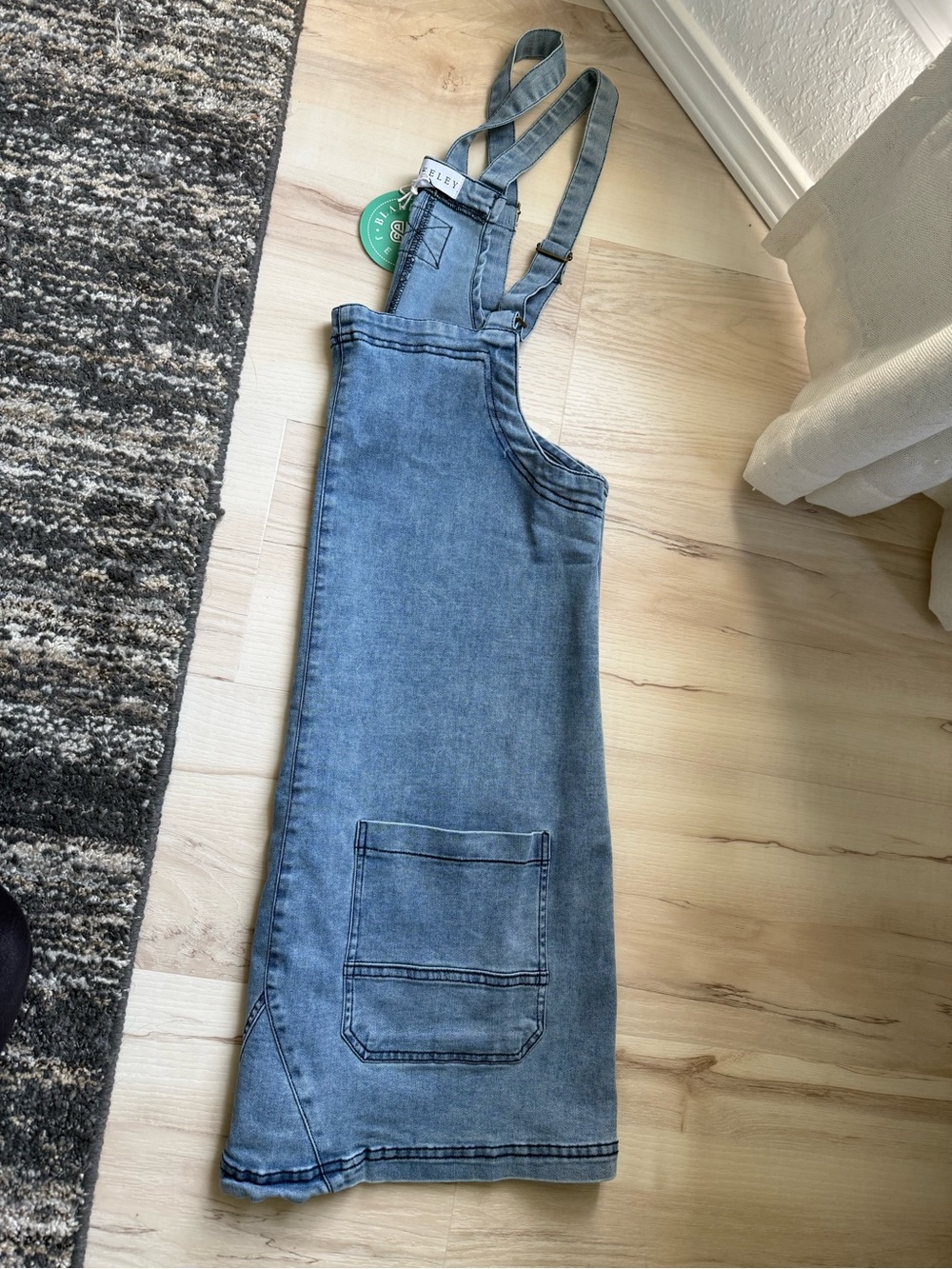 Denim Overall Mini Dress in Washed Blue - Unbranded